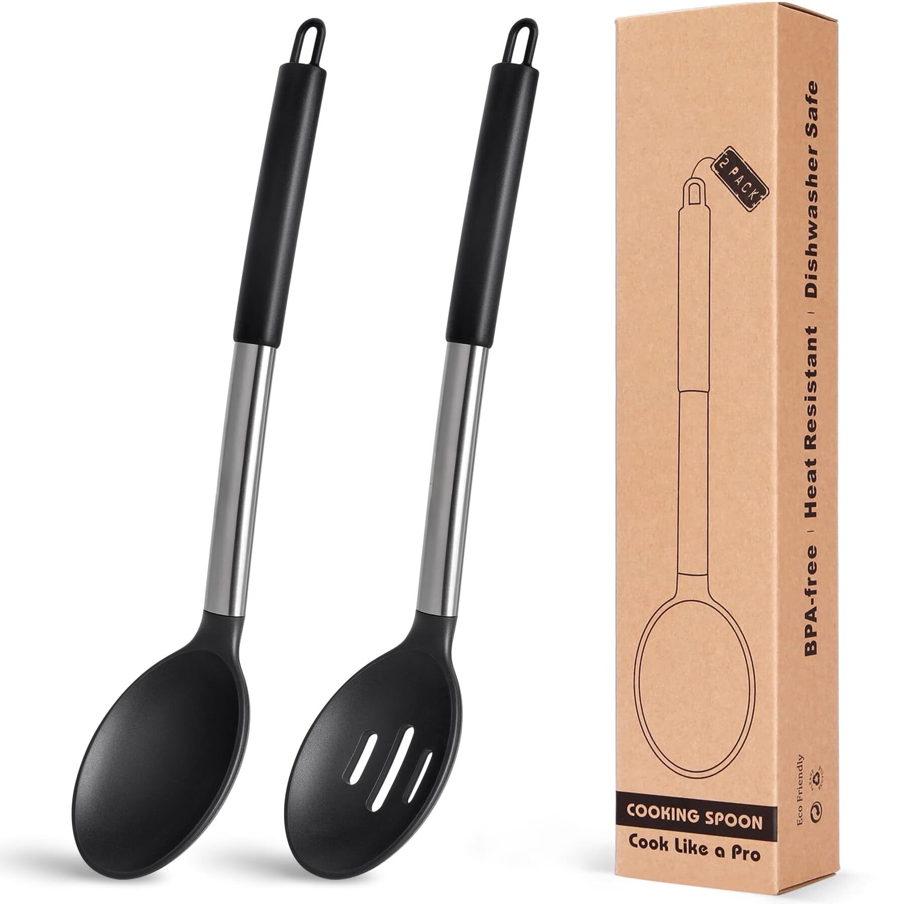 DISEN Heat Resistant Large Silicone Cooking Spoon, Solid Slotted Spoons, Nonstick Kitchen Cookware Utensils, Mixing, Serving, Stiring Large Spoons, Black