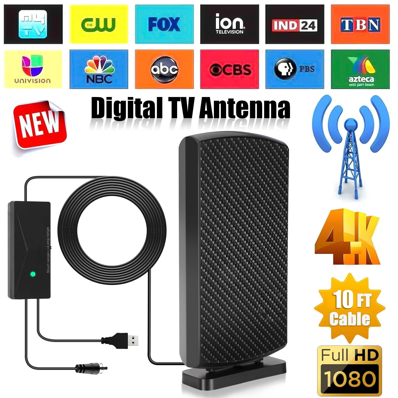 DISEN Indoor TV Antenna, 500 Miles Range 360° Reception Amplified HD Digital TV Antenna for Smart/Older TV, Support 4K 8K 1080p, 10FT Coax Cable, Black