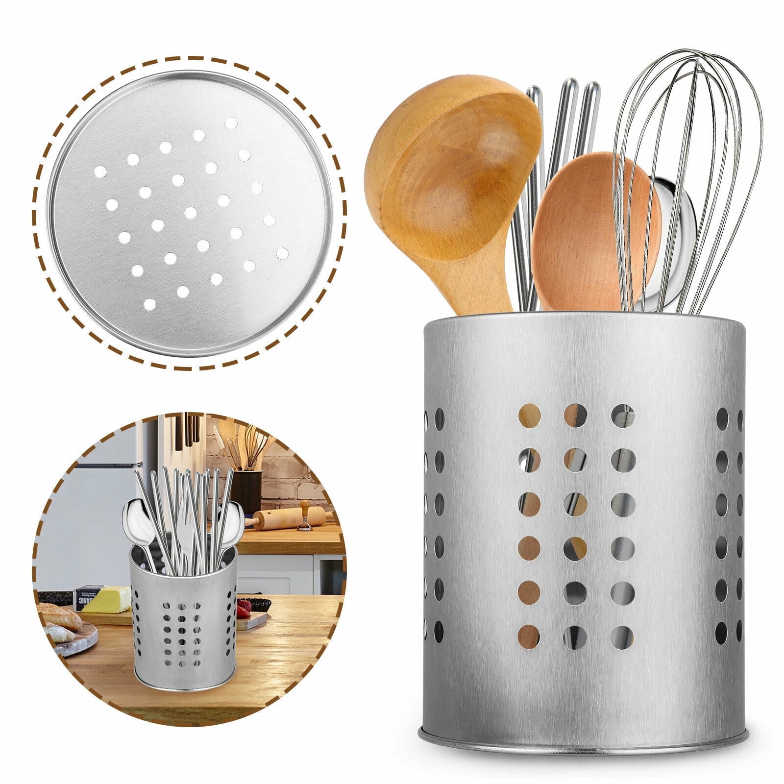 DISEN Kitchen Holder Organizer, Stainless Steel Cooking Utensil Container with Drain Hole for Spoon Chopsticks Fork - Walmart.com