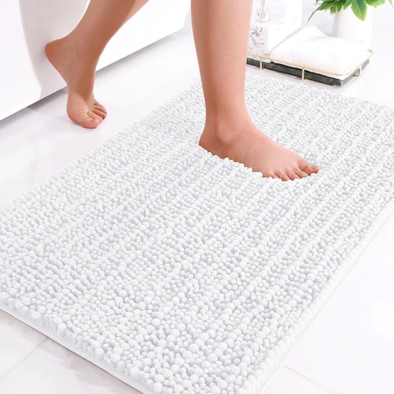 DISEN Luxury Chenille Bathroom Rug Mat, Extra Soft Thick Absorbent Shaggy Bath Rugs, Non-Slip Machine Wash Dry Plush Bath Mat for Bathroom, Shower, and Tub (24"x16", White)