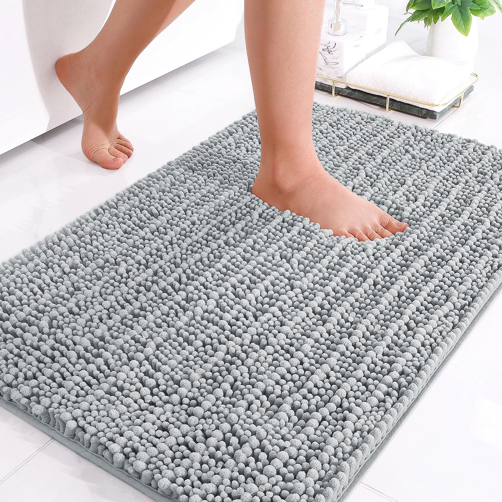 DISEN Luxury Chenille Bathroom Rug Mat, Extra Soft Thick Absorbent Shaggy Bath Rugs, Non-Slip Machine Wash Dry Plush Bath Mats for Bathroom, Shower, and Tub (24"x16", Light Grey)