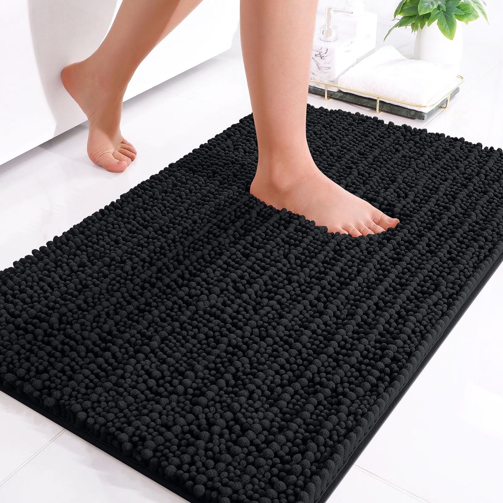 DISEN Luxury Chenille Bathroom Rug Mat, Extra Soft Thick Absorbent Shaggy Bath Rugs, Non-Slip Machine Wash Dry Plush Bath Mats for Bathroom, Shower, and Tub (24"x16", Black)