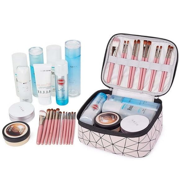 DISEN Makeup Bag Double Layer Travel Cosmetic Cases Make up Organizer Toiletry Bag (Pink)