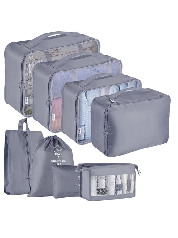 DISEN Packing Cubes for Travel, 8Pcs Travel Cubes Set Foldable Suitcase Organizer Lightweight Luggage Storage Bag, Gray