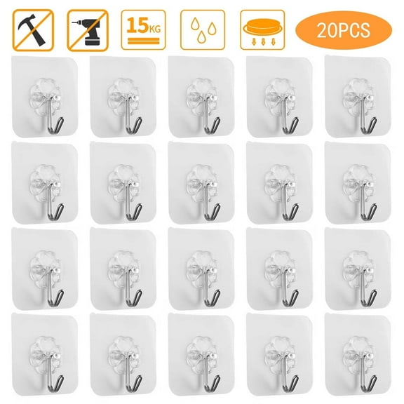 DISEN Self-Adhesive Wall Hooks Heavy Duty Reusable Hangers, Transparent 20-Pack