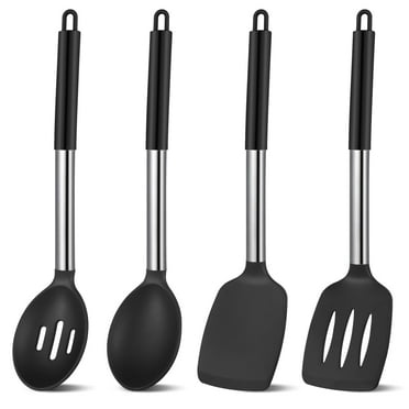 DISEN Silicone Cooking Spatulas and Spoons, 4 Pack Heat Resistant Silicone Cooking Utensils Set, Non-stick Large Kitchen Silicone Spatula and Spoons for Cooking, Mixing, Serving, Draining(Black)