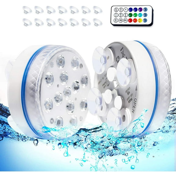 DISEN Submersible LED Lights with Magnet, IP68 Waterproof Underwater Pool Led Lights with 13 LEDs, 4 Suction Cups and 164FT/50M RF Remote, Battery Operated with 16 Color Changing Shower Lights