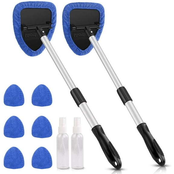 DISEN Windshield Cleaning Tool, Car Window Cleaner Windshield Cleaner with 8 Reusable and Washable Microfiber Pads and Extendable Handle Auto Inside Glass Wiper Kit, Blue, 2 Pack