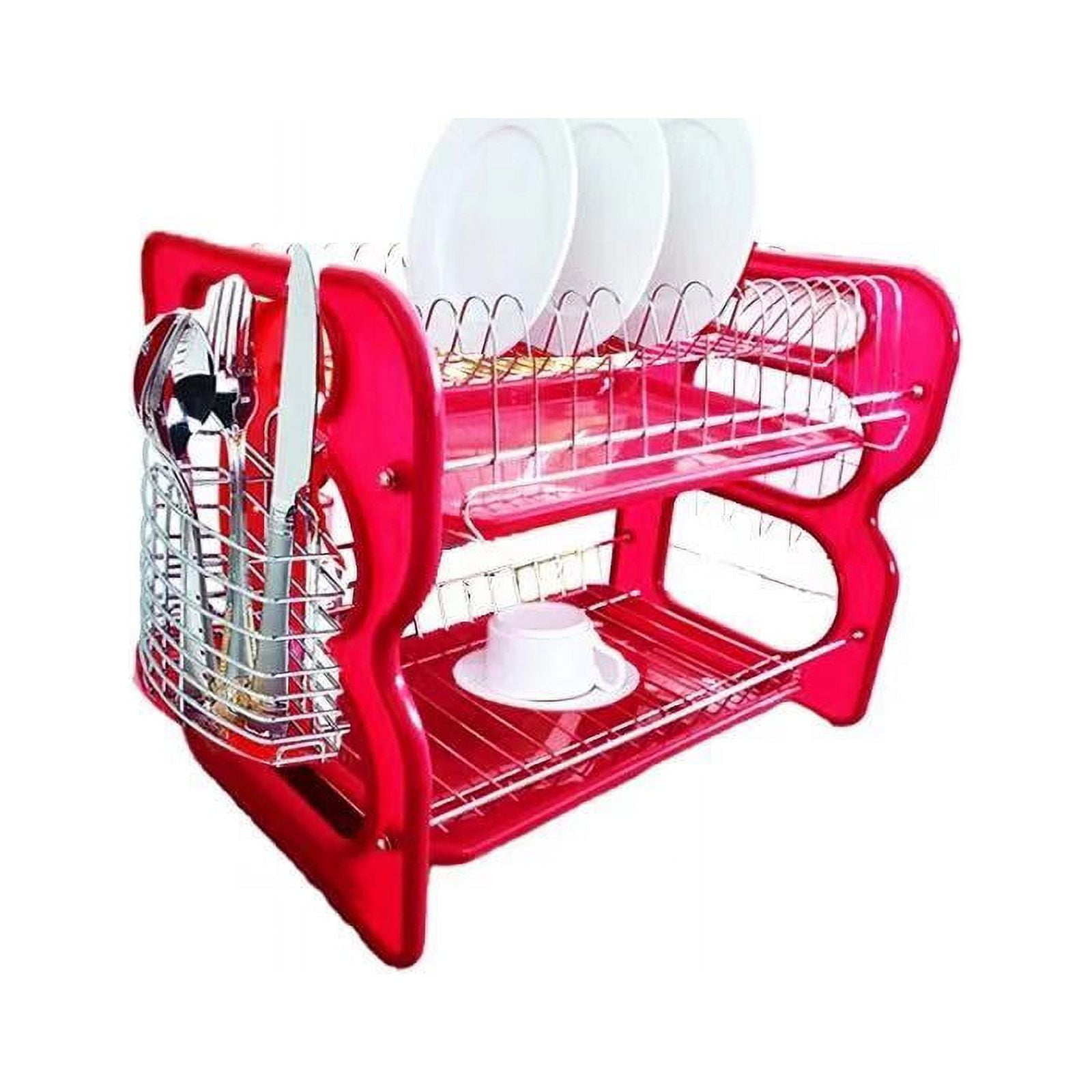 2Layer Stainless Steel Dish Drying Rack with Cutlery Holder, Kitchen Storage Space Saver, Red