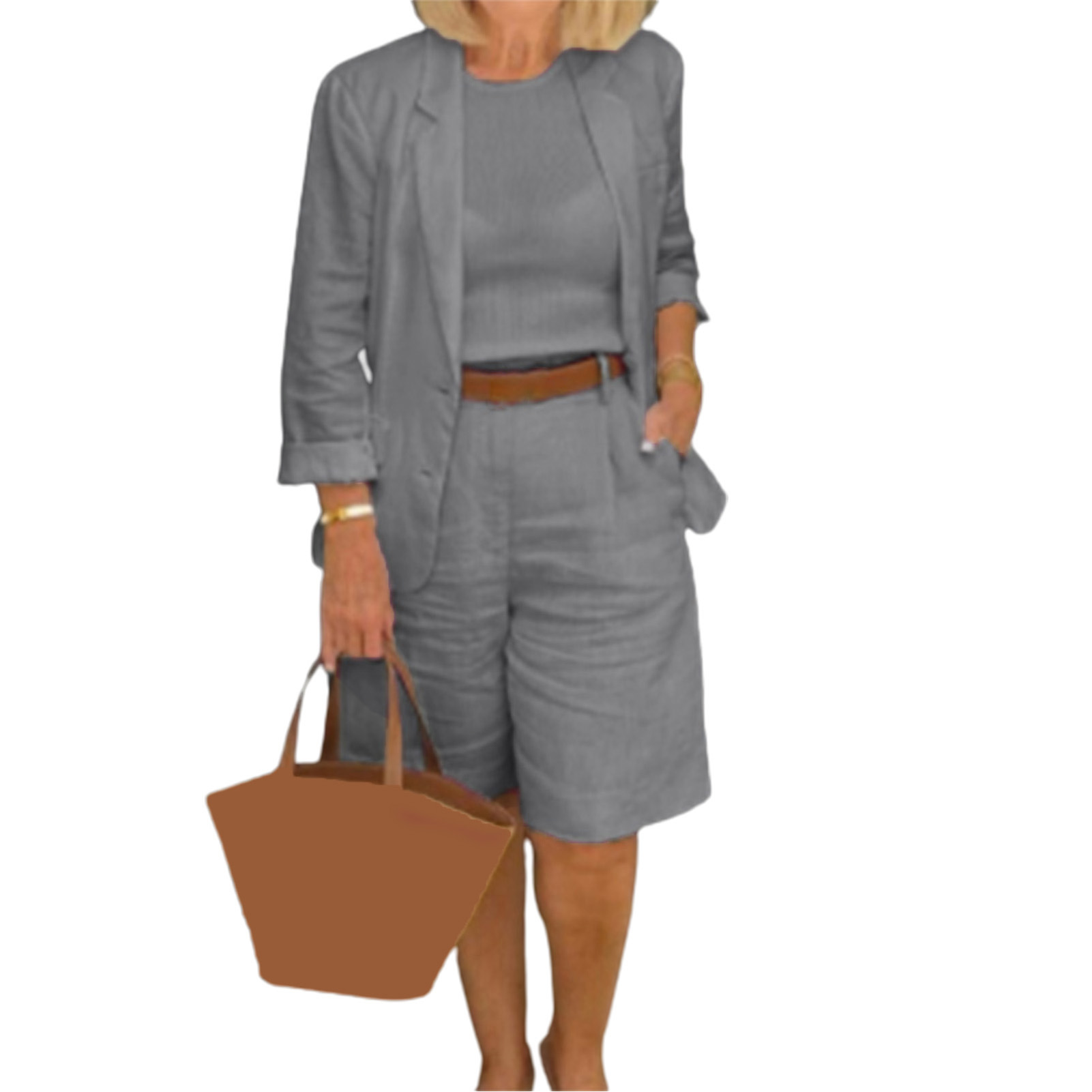 Blue Print Single Breasted Shorts Office Two Piece Set