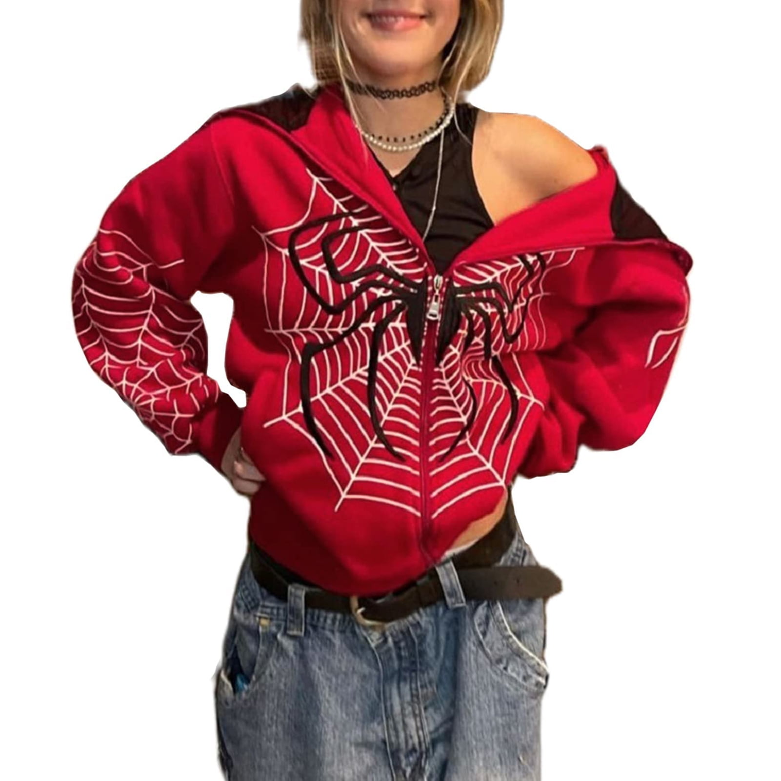 Women's Gothic Spider Web Print Zip Up Hoodie Sweatshirt Women's Gothic Spider Web Print Zip Up Hoodie Sweatshirt