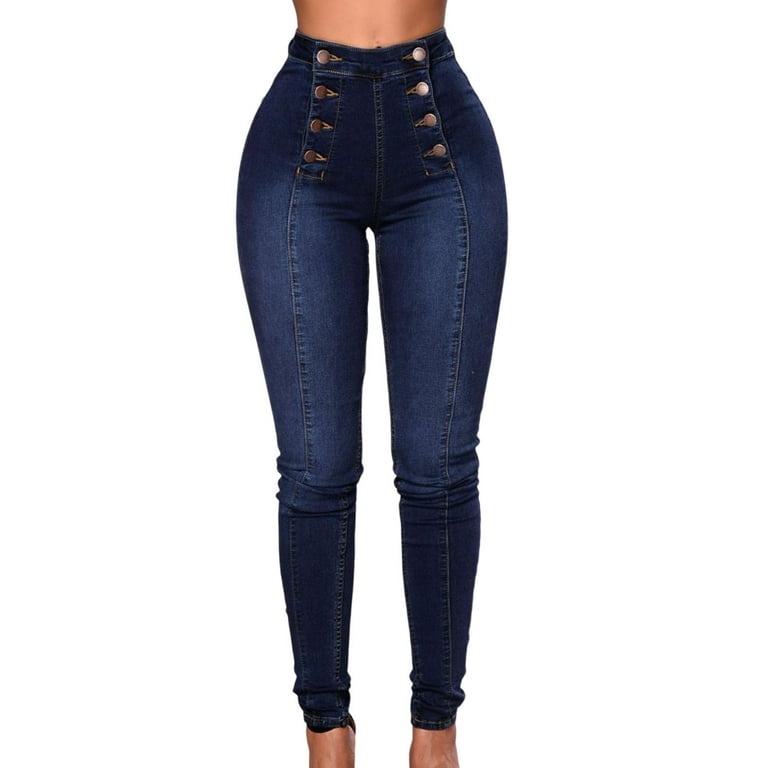 DISHAN High Waist Buttons Decoration Shaping Women Jeans Pockets Push Up  Fashion Skinny Double-breasted Pencil Jeans Streetwear 