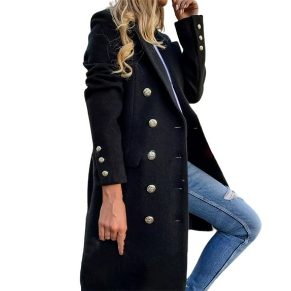 DISHAN Long Sleeve Wool Coat Pure Color Breathable Turn-Down Collar Double-breasted Women Overcoat Outerwear