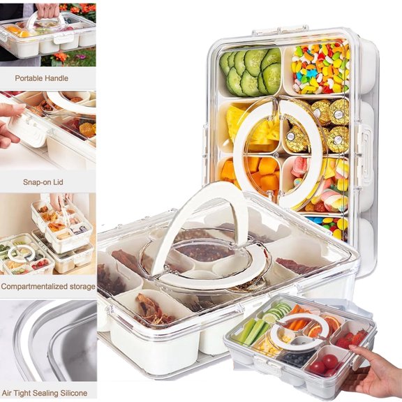 DISHUECO Snack Box Container, 8 Compartment Divided Serving Tray with Lid and Handle, Portable Storage Organizer for Candy, Fruits, Nuts, Snacks (White)
