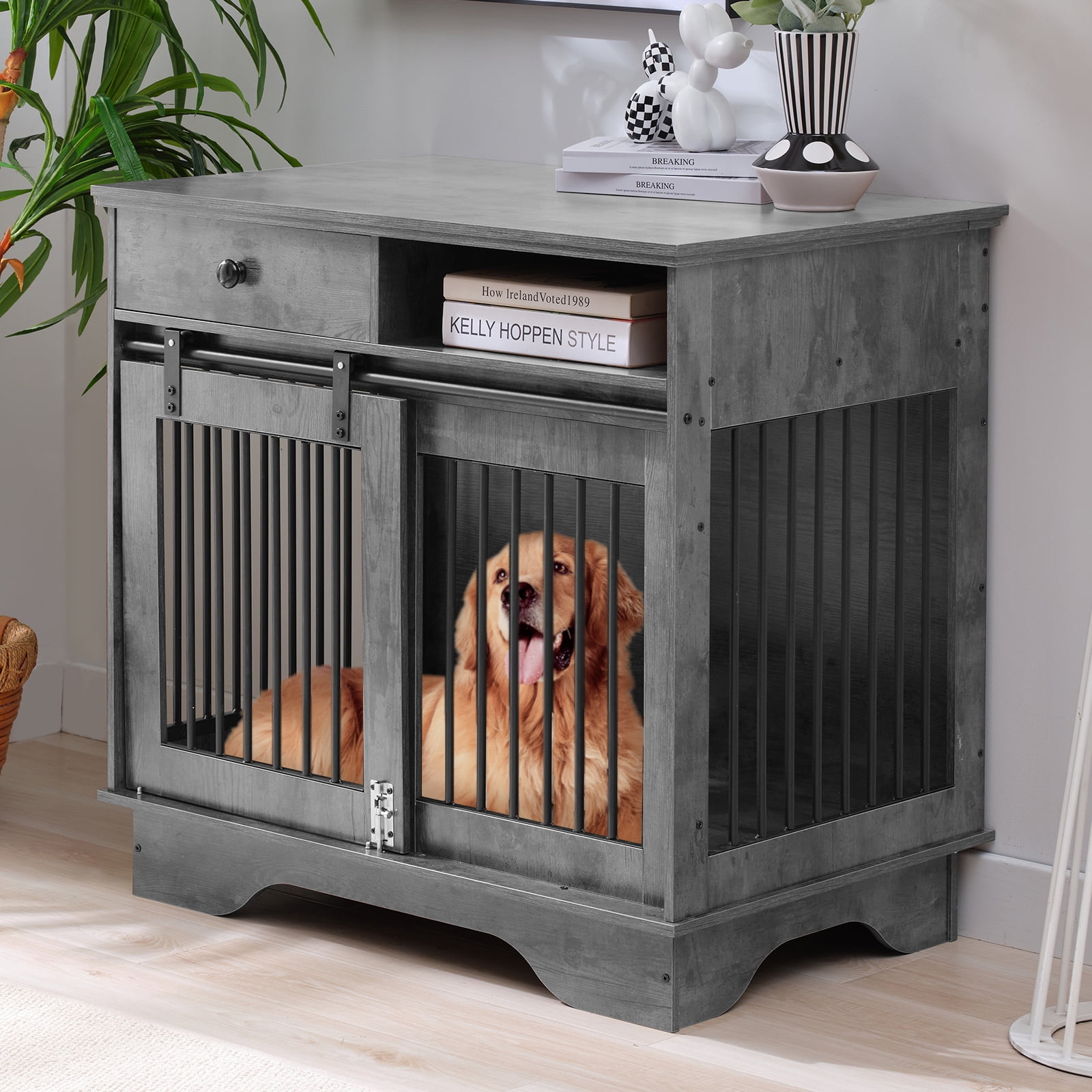 DISHUP 35" Dog Crate Furniture with Storage Drawers,Sliding Doors,for ...