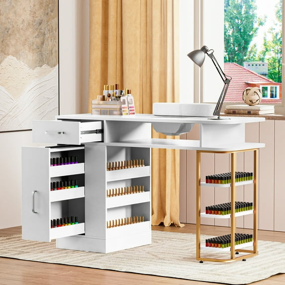 DISHUP Manicure Table, Nail Table for Nail Tech with Dust Collector, Nail Desk with Storage Cabinet, Wrist Cushion, White