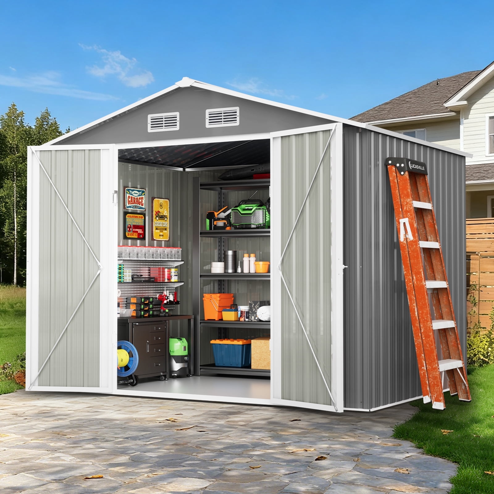 DISHUP Outdoor Storage Shed, 8x6 ft Metal Shed with Window＆Lockable Doors, Ideal for Backyard, Garden and Patio, Gray