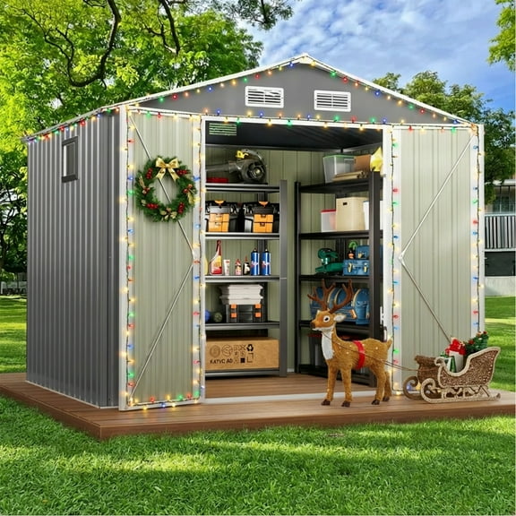 DISHUP Outdoor Storage Shed, 8x6 ft Metal Shed with WindowLockable Doors, Ideal for Backyard, Garden and Patio, Gray