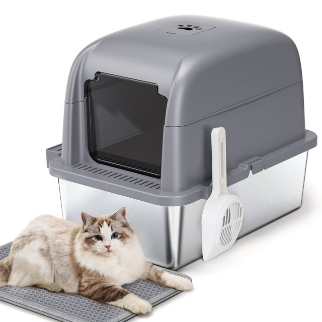 DISHUP Stainless Steel Litter Box,Cat Litter Box with Lid,Enclosed