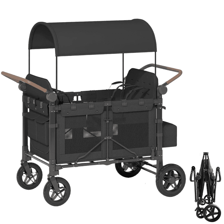 DISHUP Stroller Wagon for 4 Kids, 4 Seater Stroller Wagon for Toddler with Removable Canopy, 5-Point Harness, Adjustable Handles