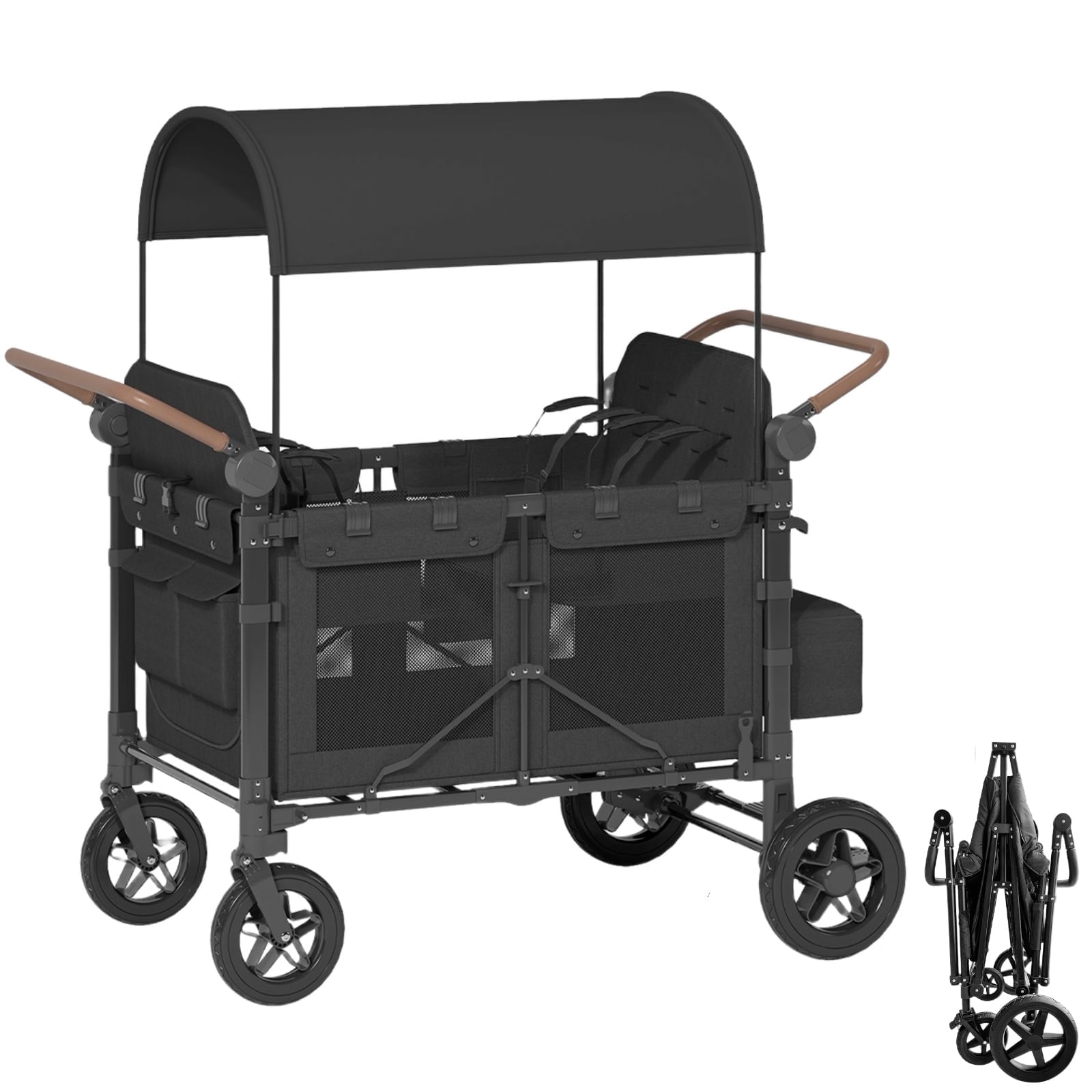 DISHUP Stroller Wagon for 4 Kids, Foldable Stroller Wagon for Toddler with Removable Canopy, 5-Point Harness, Adjustable Handles