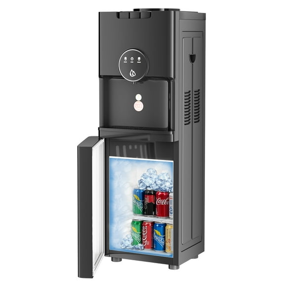 DISHUP Water Dispenser, Top Loading Water Cooler with Beverage Cooler, Hot/Room/Cold Water, 3-5 Gallon Bottles, Compressor Refrigeration