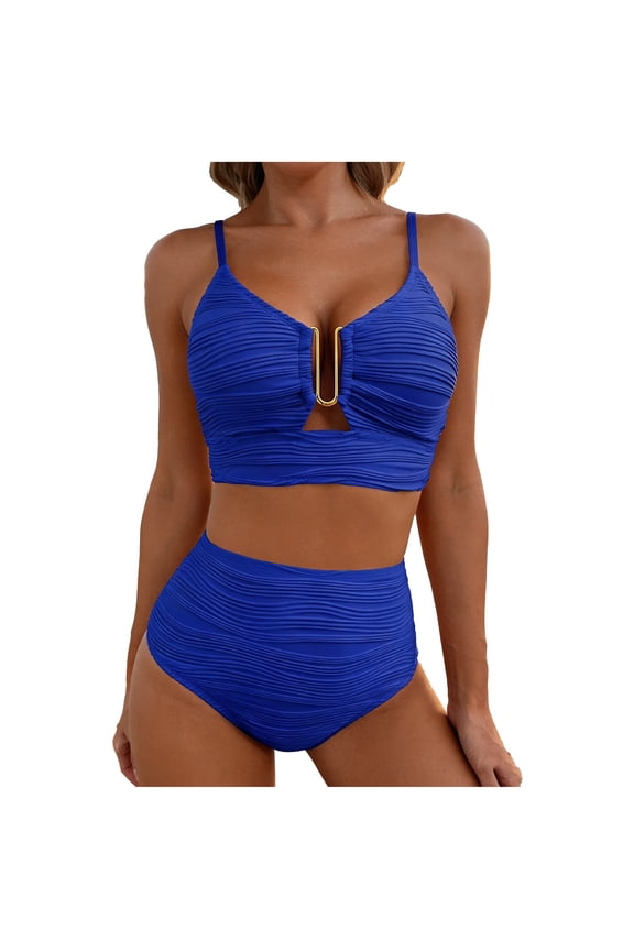 2 Piece Bikini Set for Women U-Wire Cutout High Waisted Textured Swimsuit Summer Beach Trip