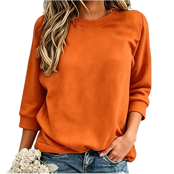DISKEBUISS 3/4 Sleeve Sweatshirts for Women Loose Fit Crew Neck Pullover Tops Classic Fall & Winter