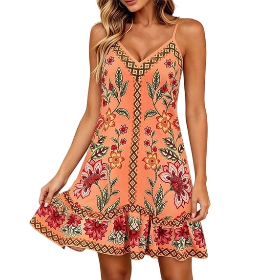 DISKEBUISS Boho Dresses for Women Fashion Print Adjustable Spaghetti Strap Dress Summer Casual & Beach Vacation