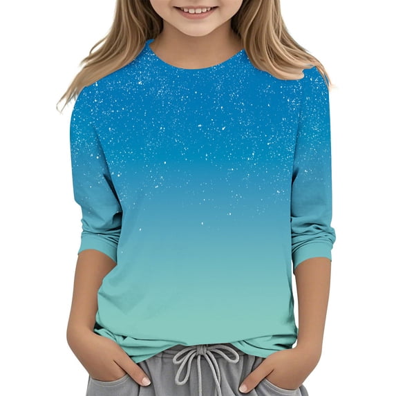 DISKEBUISS Children's Tops - Creative Ombre Print 3/4 Sleeve Round Neck Blouse Casual Fashion Everyday Cloths