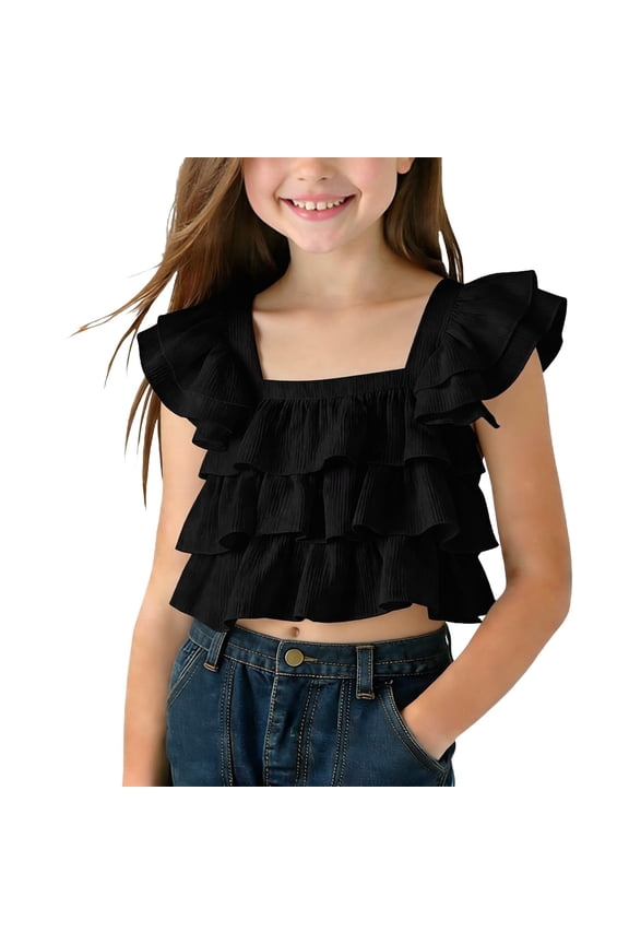 Girls' T-Shirts Flutter Sleeve Blouse with Triple Ruffle Hem Soft Breathable Tops for 2-13 Years Vacation Cloths