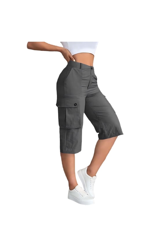 Long Shorts for Women Fashion Solid Color Cargo Short with Back Half Elastic Button Pocket Casual Wear