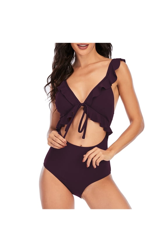 One Pieces Swimsuit for Women V Neck Ruffle Bathing Suit Ruched Swim Suit Slimming Cutout Swimwear S-XL