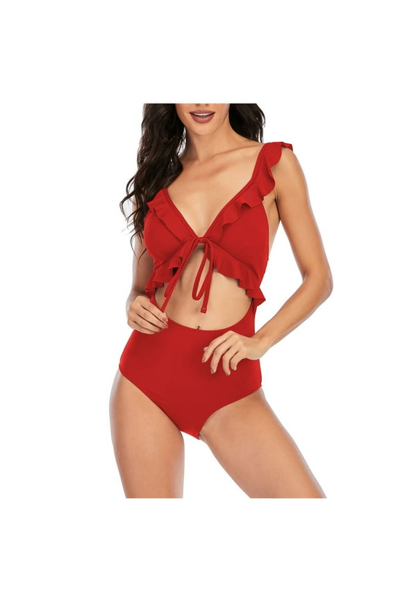 One Pieces Swimsuit for Women V Neck Ruffle Bathing Suit Ruched Swim Suit Slimming Cutout Swimwear S-XL