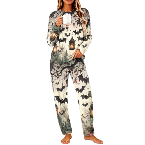 DISKEBUISS Pajama Sets for Women Halloween Print Long Sleeve Tops & Pants 2 Piece Casual Home Comfort