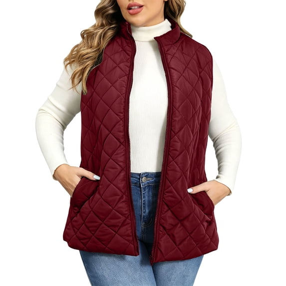 DISKEBUISS Plus Size Quilted Puffer Vest for Women Stand Collar Sleeveless Zip Up Gilet with Pockets for Fall Winter