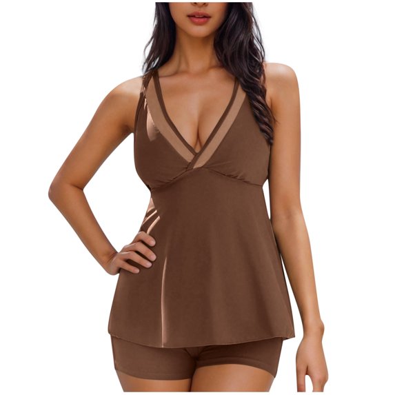 DISKEBUISS Swimming Suits for Women Solid Color Slim Backless Sleeveless Swimsuits Swimwear with Shorts