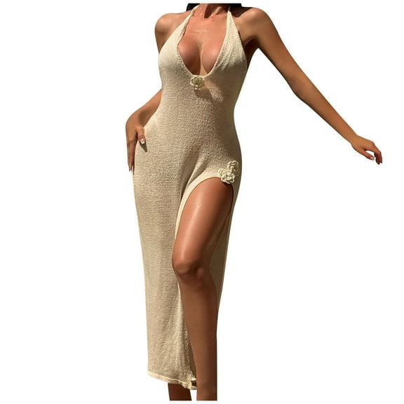 DISKEBUISS Women Knit Maxi Beach Bikini Cover Ups Sexy Side Slit Backless Long Dress Summer Beach Dresses