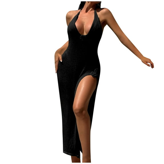 DISKEBUISS Women Knit Maxi Beach Bikini Cover Ups Sexy Side Slit Backless Long Dress Summer Beach Dresses