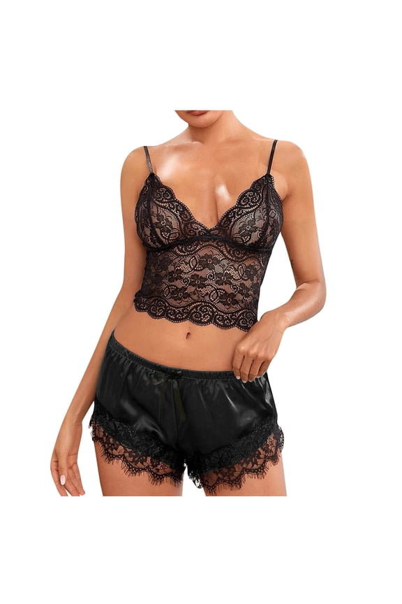 Women Lingerie Floral Lace Spaghetti Strap Retro Solid Color Sleepwear