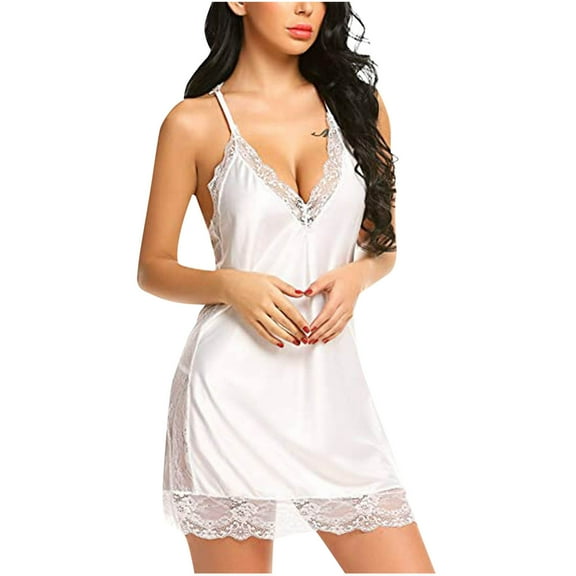 DISKEBUISS Women Lingerie Lace Solid Color Sleeveless V Neck Sexy Sheer Sleepwear