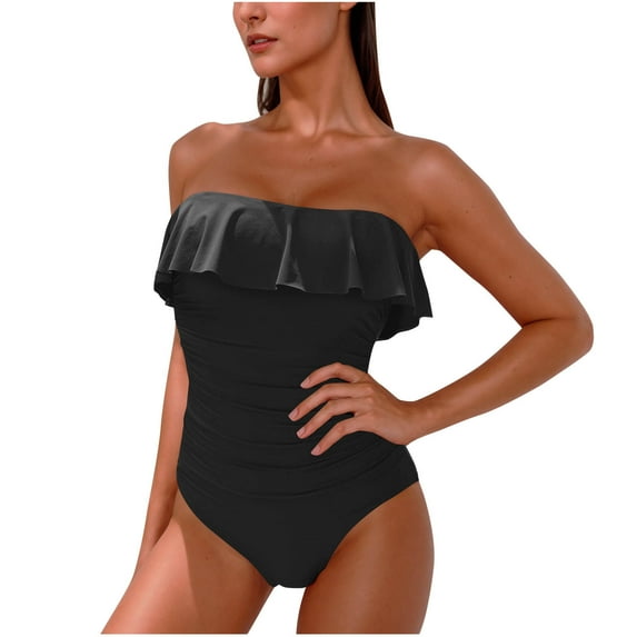 DISKEBUISS Women Swimsuit Slimming Flattering Flowy Ruffle Trim Ruched Front Swimwear One Pieces Bathing Suit Size S-XL