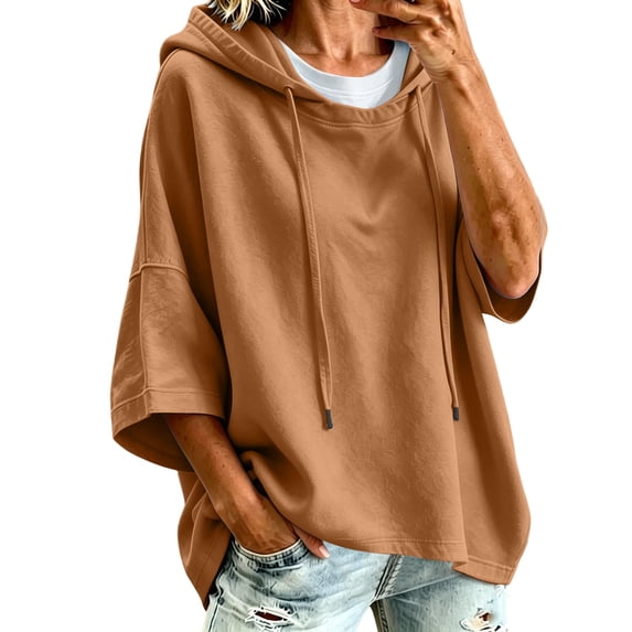 DISKEBUISS Women's 3/4 Sleeve Hoodie Oversized Loose Fit Drawstring Hooded Top Casual Pullover Sweatshirt for Fall