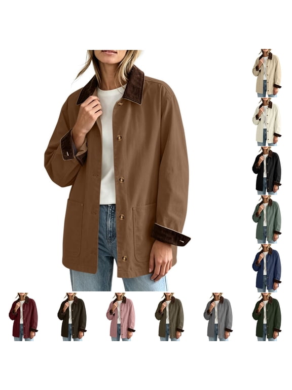 Women's Barn Jacket Corduroy Collar Work Coat Button Front Loose Mid Length Outerwear with Pockets for Winter Fall