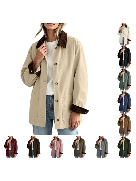 Women's Barn Jacket Corduroy Collar Work Coat Button Front Loose Mid Length Outerwear with Pockets for Winter Fall