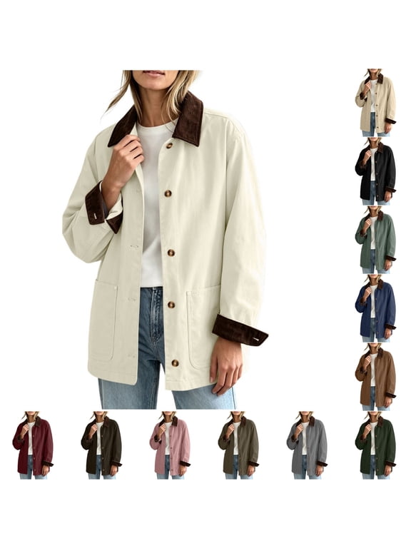 Women's Barn Jacket Corduroy Collar Work Coat Button Front Loose Mid Length Outerwear with Pockets for Winter Fall