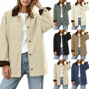 DISKEBUISS Women's Barn Jacket Corduroy Collar Work Coat Button Front Loose Mid Length Outerwear with Pockets for Winter Fall