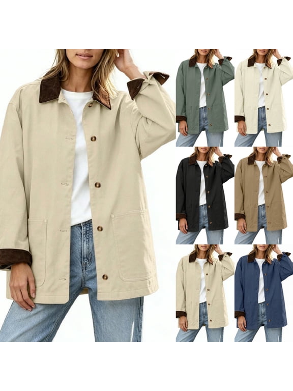 Women's Barn Jacket Corduroy Collar Work Coat Button Front Loose Mid Length Outerwear with Pockets for Winter Fall