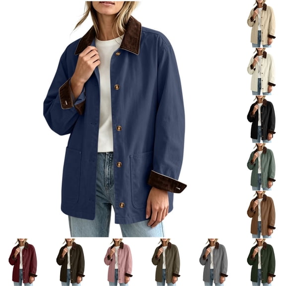 DISKEBUISS Women's Barn Jacket Corduroy Collar Work Coat Button Front Loose Mid Length Outerwear with Pockets for Winter Fall