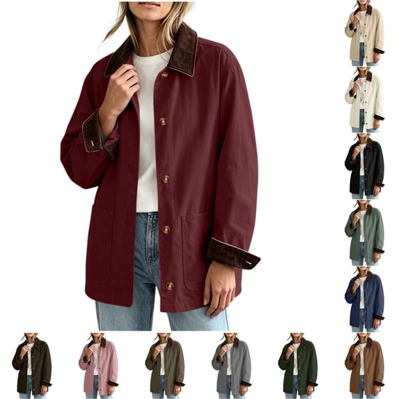 DISKEBUISS Women's Barn Jacket Corduroy Collar Work Coat Button Front Mid Length Outerwear with Pockets for Fall Winter